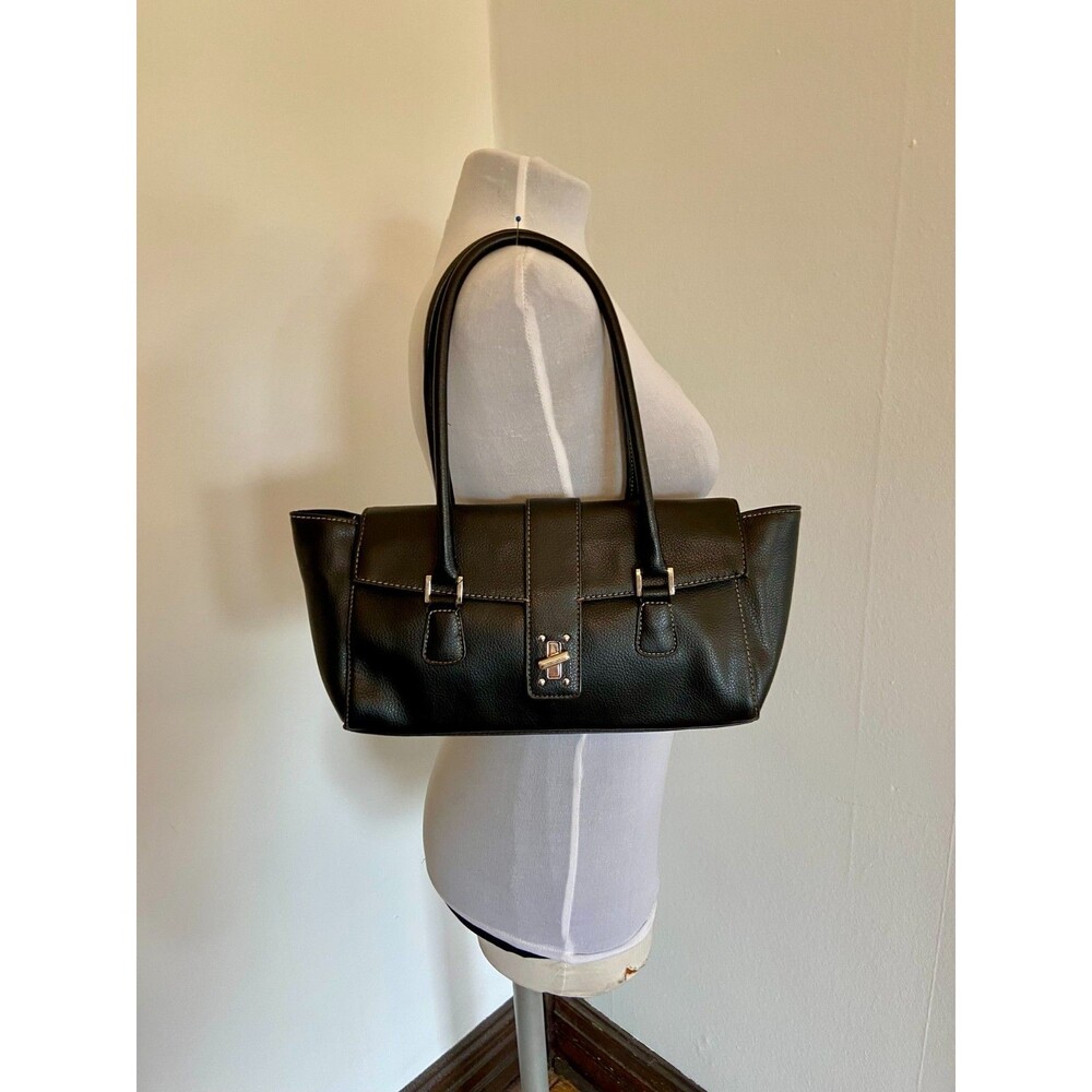 VTG Y2K Black Faux Leather Buckle Shoulder Bag 2000s Turn Clasp Baguette Purse